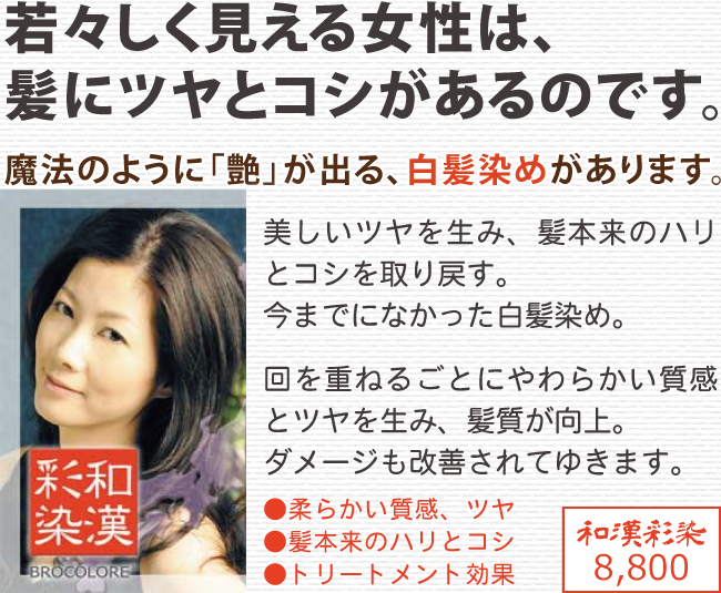 「和漢彩染」若々しく見える女性は、髪にツヤとコシがあるのです。